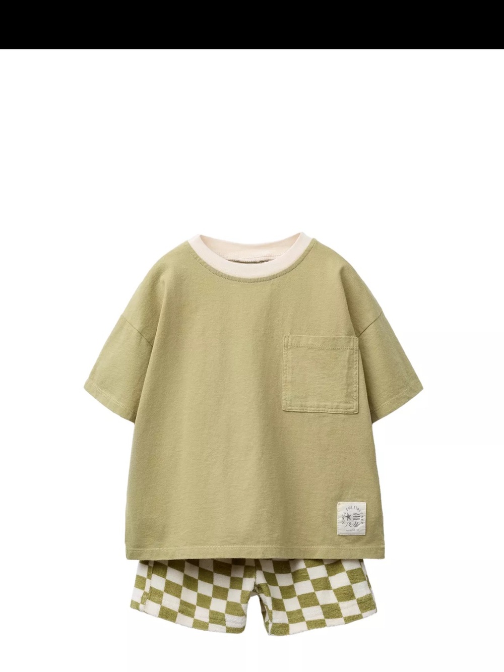 Zara Kids Olive Green Tee with Contrast Collar and Patch Detail